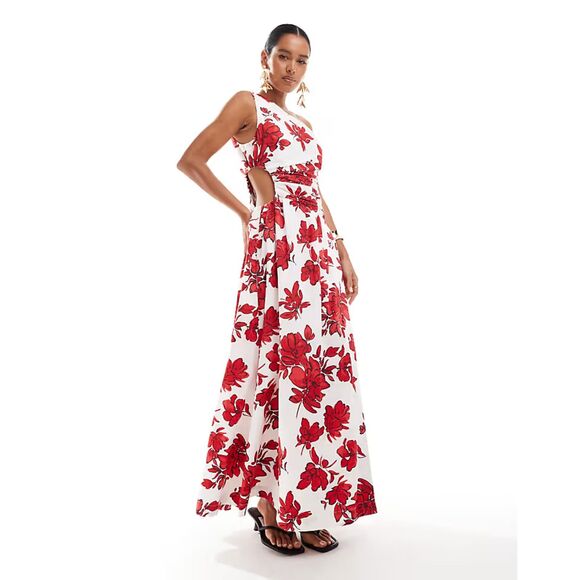 Abercrombie & Fitch Chase ONE Shoulder Cutout Split Maxi Lined Red-White Sz XXLT - Picture 1 of 6